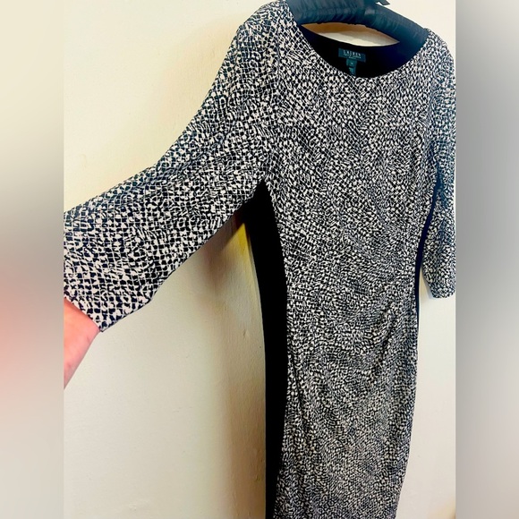 Lauren Ralph Lauren Black White Long Sleeve Side Ruched Dress Womens 14 - Picture 2 of 5